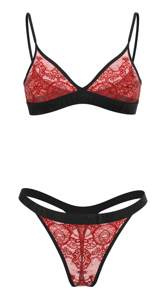 "Hera" -Red Triangle Lace Set of Bra & Thong / Adjustable Straps
