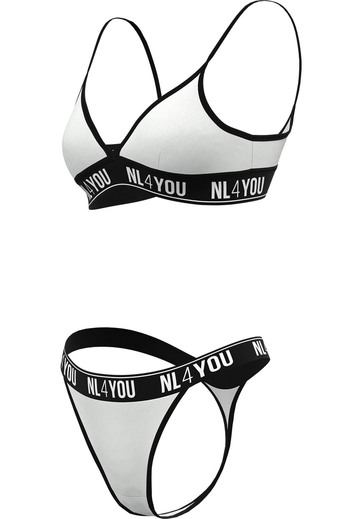"White & Black" - Triangle Cotton Set of Bralette & Thong/Briefs with Adjustable Straps