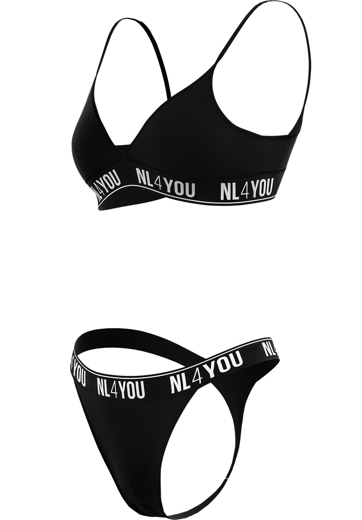 "All Black" - Triangle Cotton Set of Bralette & Thong/Briefs with Adjustable Straps