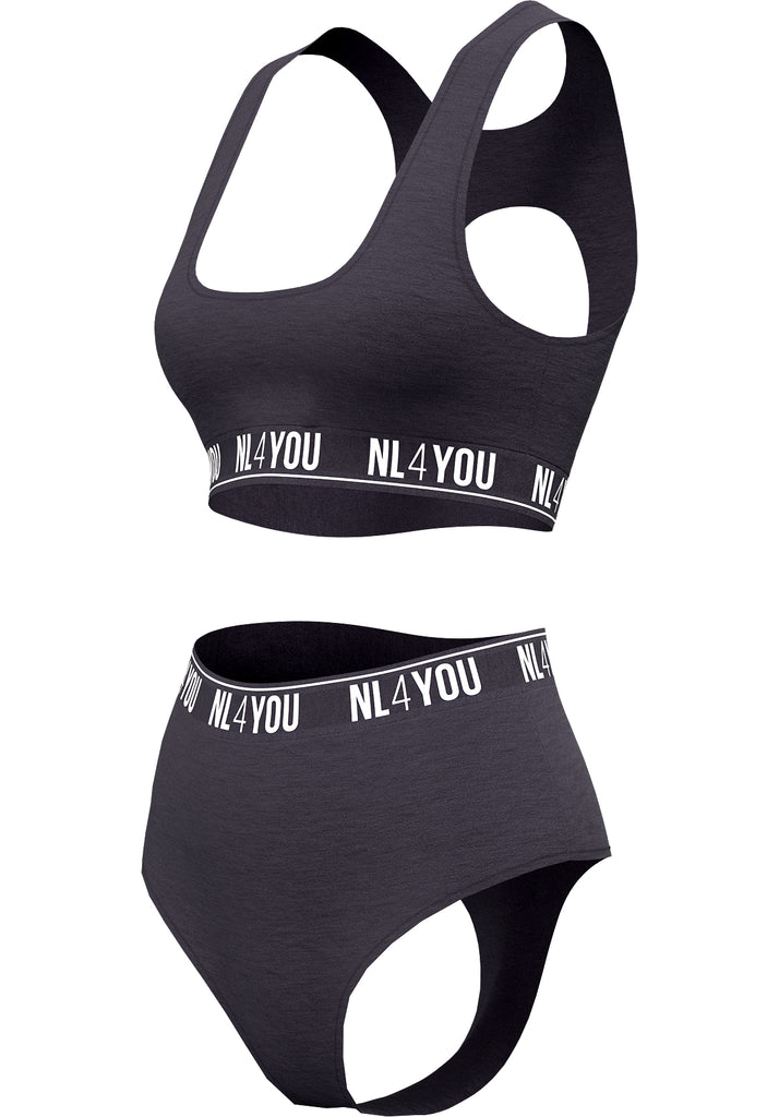 "Anthracite" - Sporty-Elegant Organic Cotton Set of Bralette and High-Waist Thong