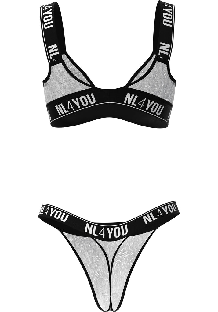 "White & Black Lace" - Triangle Lace Set of Bralette & Thong/Briefs