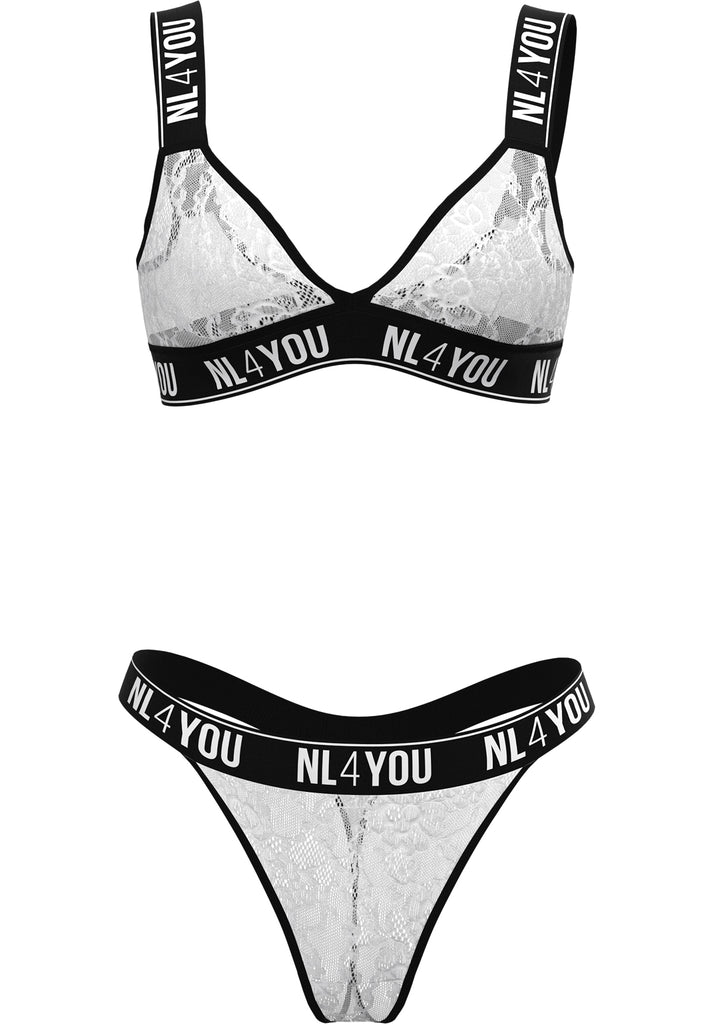 "White & Black Lace" - Triangle Lace Set of Bralette & Thong/Briefs