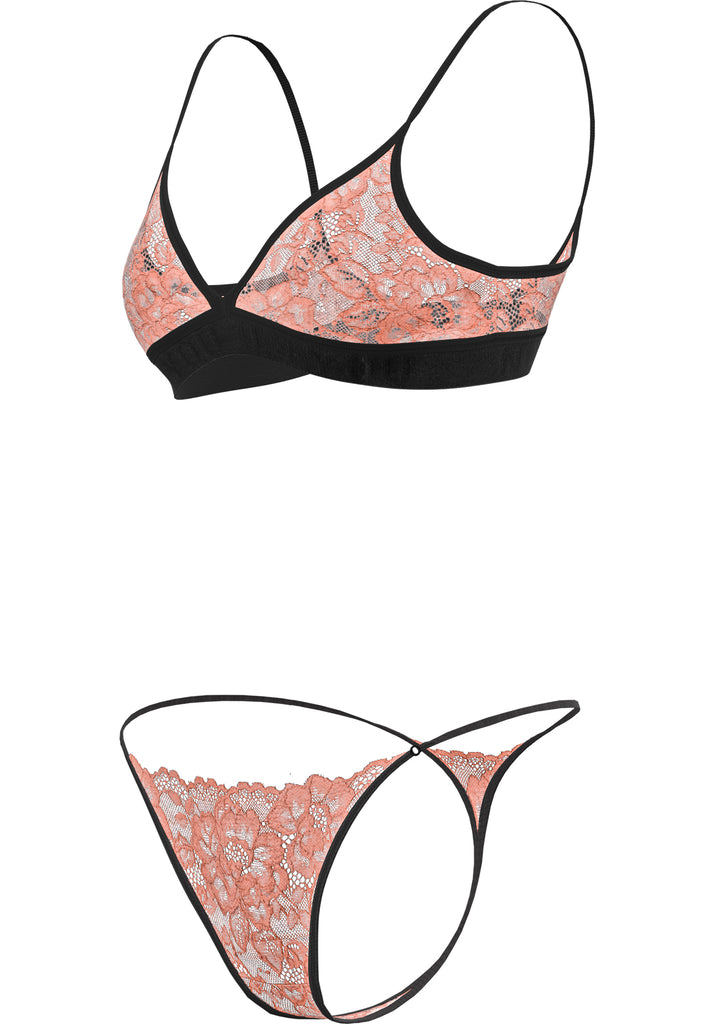 "Athena" - Peach Triangle Lace Set of Bra & Thong / Adjustable Straps & Waist