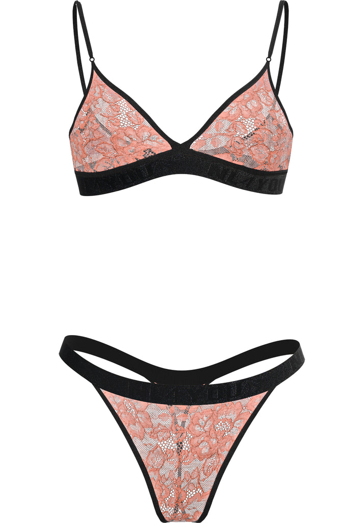 "Athena" - Peach Triangle Lace Set of Bra & Thong / Adjustable Straps