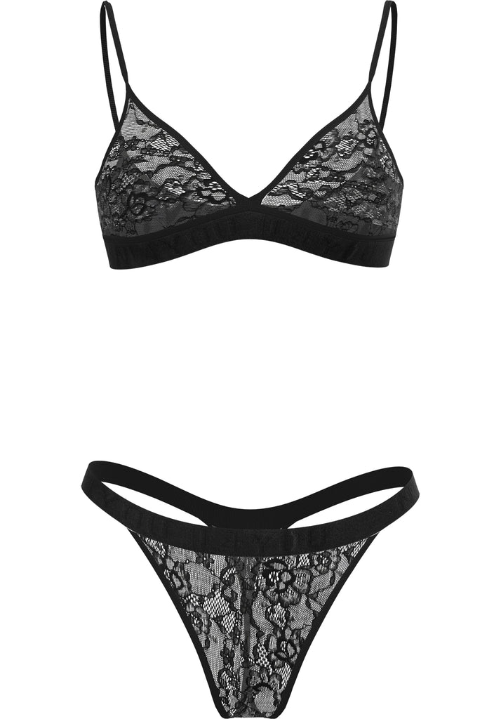 Black Lace - Triangle Lace Set of Bralette & Thong/Briefs with