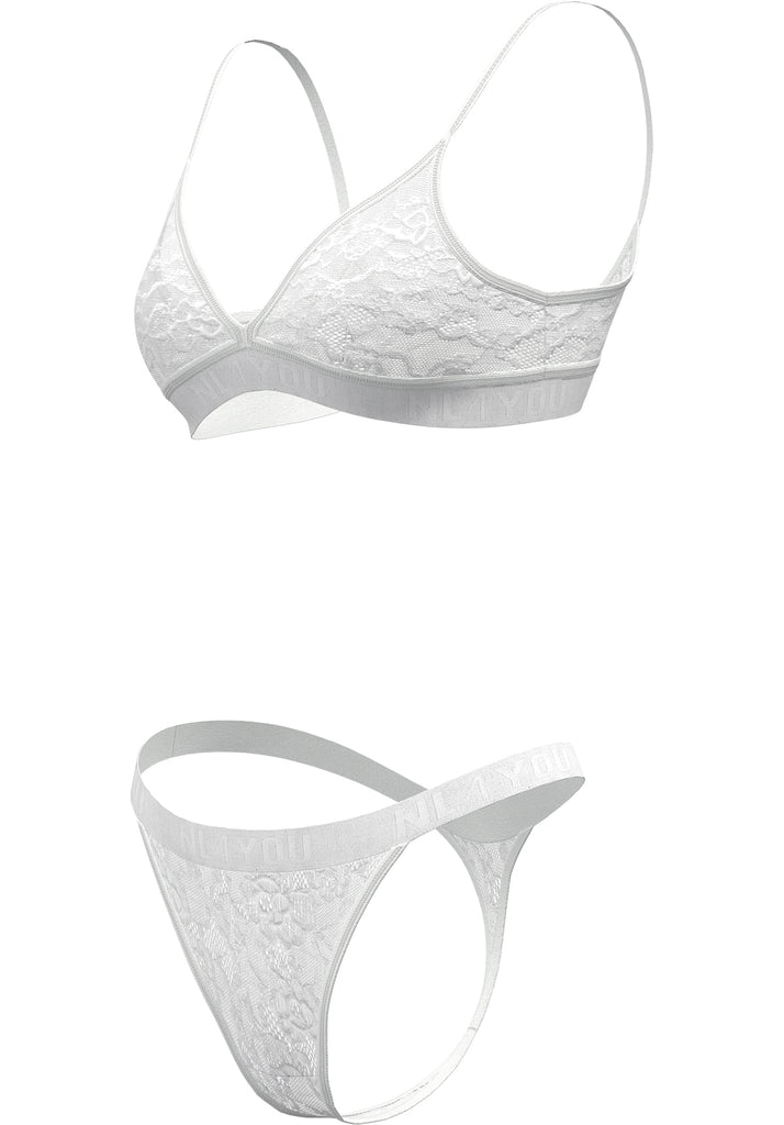 "White Lace" - Triangle Lace Set of Bralette & Thong/Briefs with Adjustable Straps