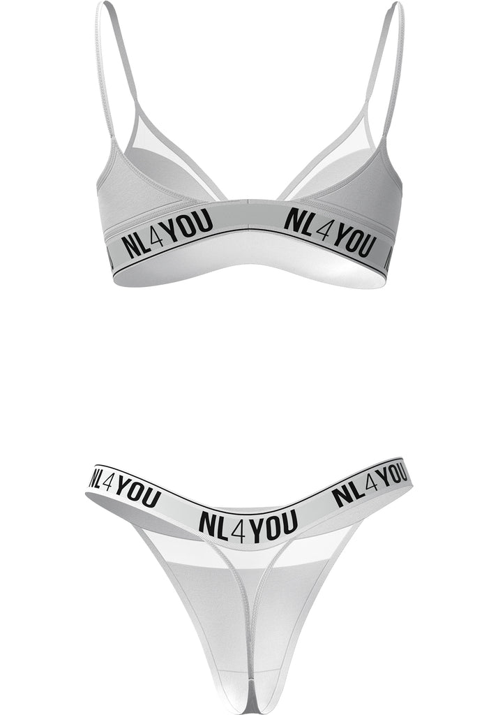 "White Tulled" - Triangle Cotton Set of Bralette & Thong/Briefs with Adjustable Straps