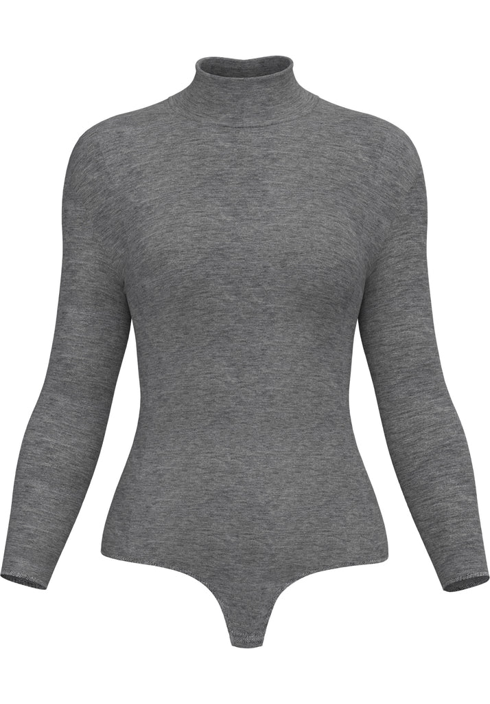 "Cat Grey" - Organic Cotton Bodysuit Thong/Briefs Style, Turtleneck, Long Sleeve