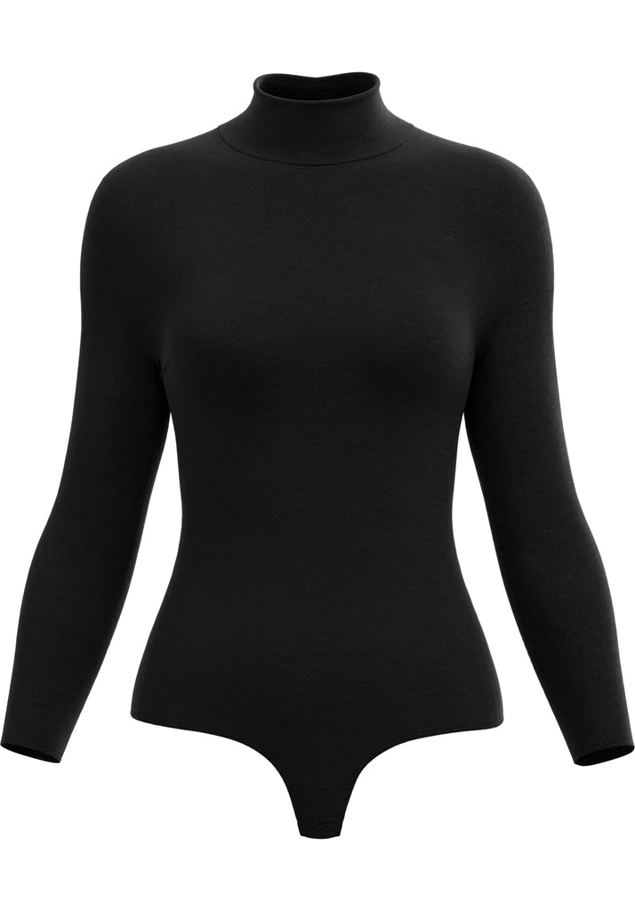 "All Black" - Cotton Bodysuit Thong/Briefs Style, Turtleneck, Long Sleeve