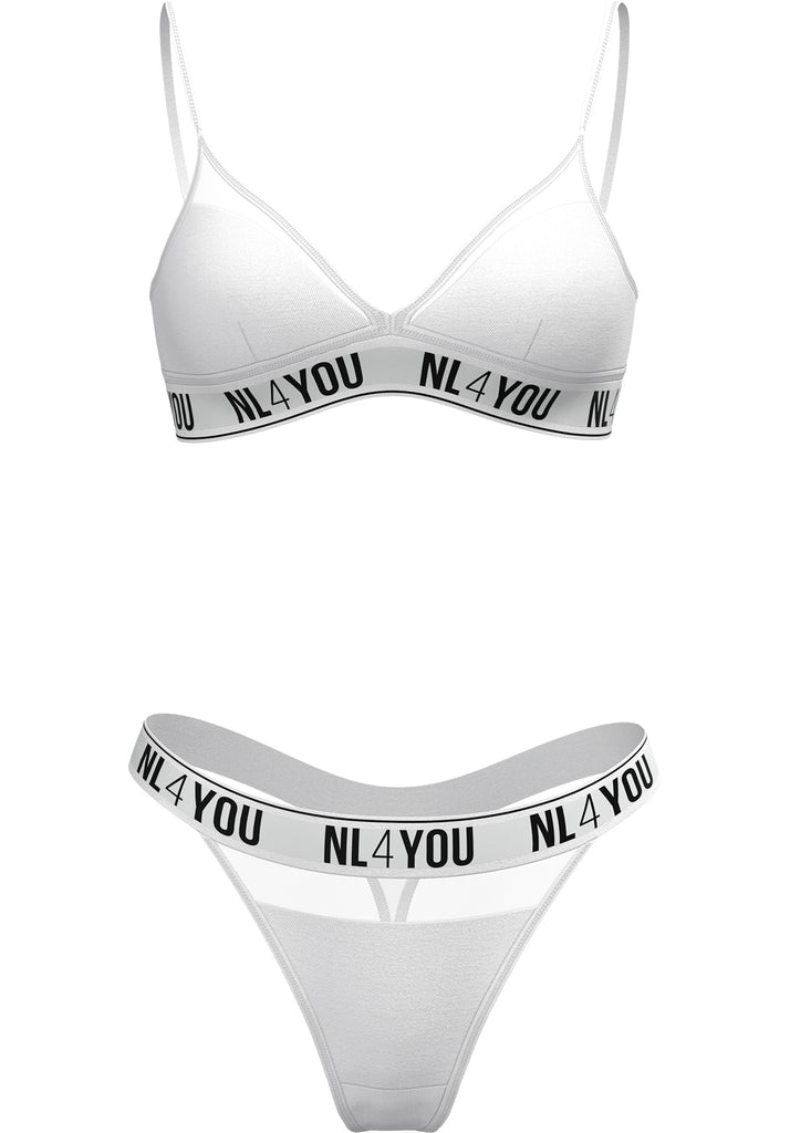"White Tulled" - Triangle Cotton Set of Bralette & Thong/Briefs with Adjustable Straps