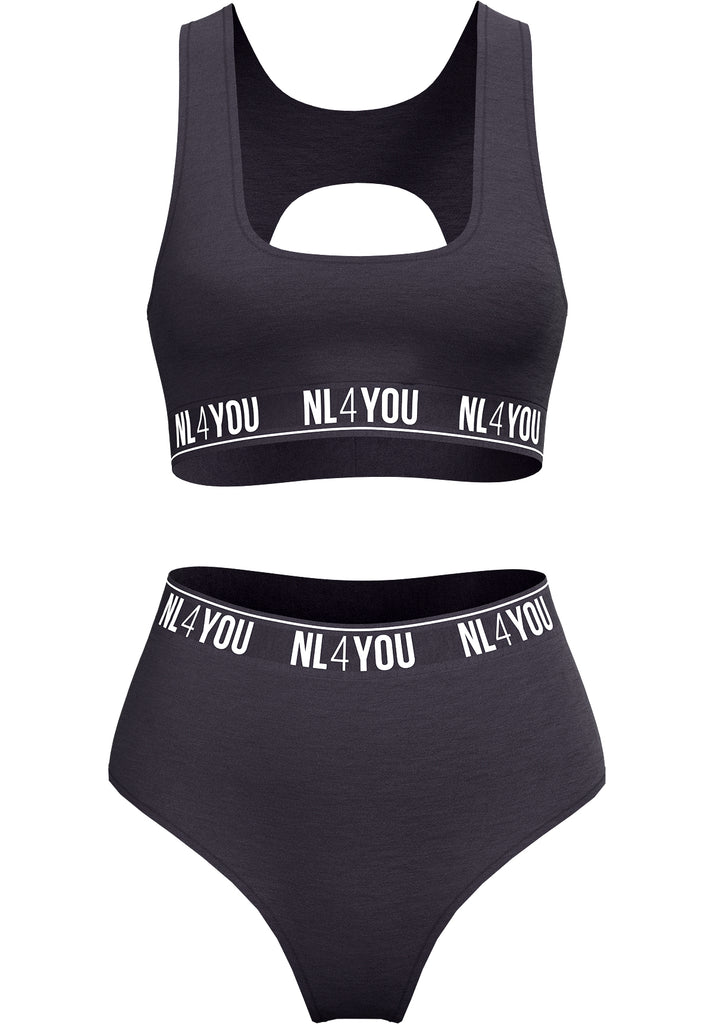 "Anthracite" - Sporty-Elegant Organic Cotton Set of Bralette and High-Waist Thong