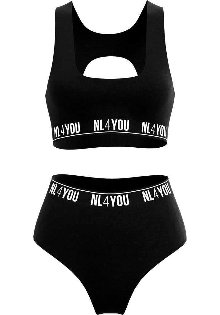 "All Black" - Sporty-Elegant Cotton Set of Bralette and High-Waist Thong